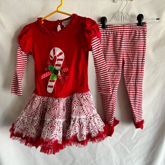 Rare, Too! Christmas Candy Cane Red and White 2-pc Dress & Leggings | Size 3T - Picture 4 of 16